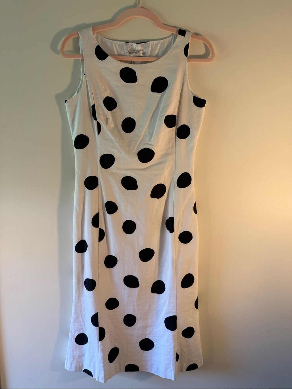 Newport News Dress Womens 6 Linen Blend White Black Polka Dot Sleeveless